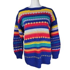 VTG Peruvian Cotton Crewneck Sweater Sz L Striped Chunky Birdseye Colorful 90s